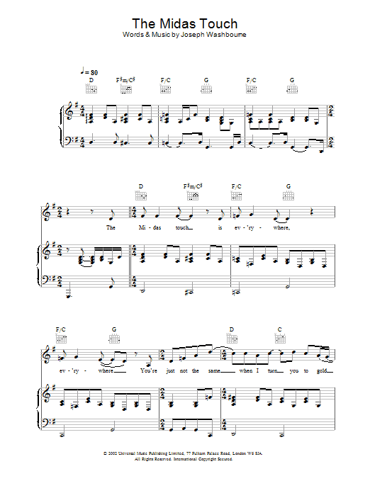 Learn to play Toploader The Midas Touch sheet music for Piano, Vocal & Guitar in minutes. Toploader The Midas Touch sheet music preview music notes and score for Piano, Vocal & Guitar including 8 page(s)