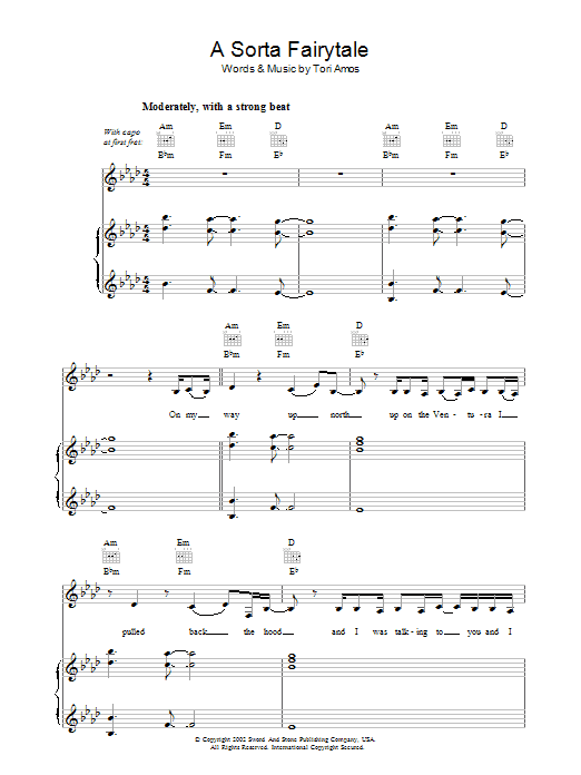 Tori Amos A Sorta Fairytale sheet music, chords, lyrics - Printable PDF for Piano, Vocal & Guitar (Right-Hand Melody)