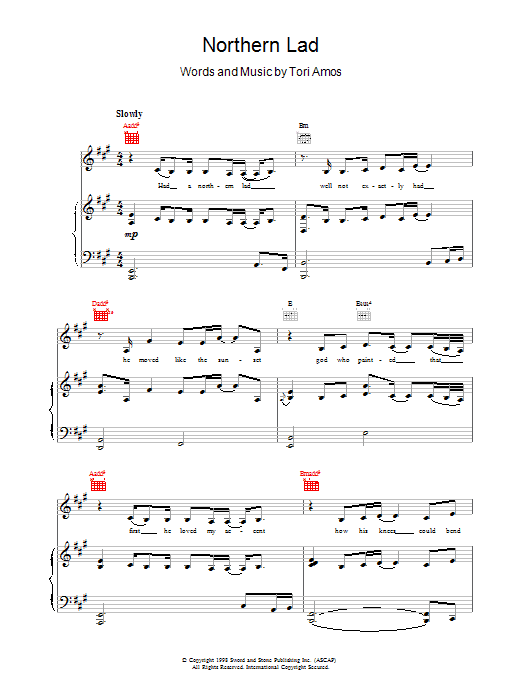 Tori Amos Northern Lad sheet music, chords, lyrics - Printable PDF for Piano, Vocal & Guitar (Right-Hand Melody)