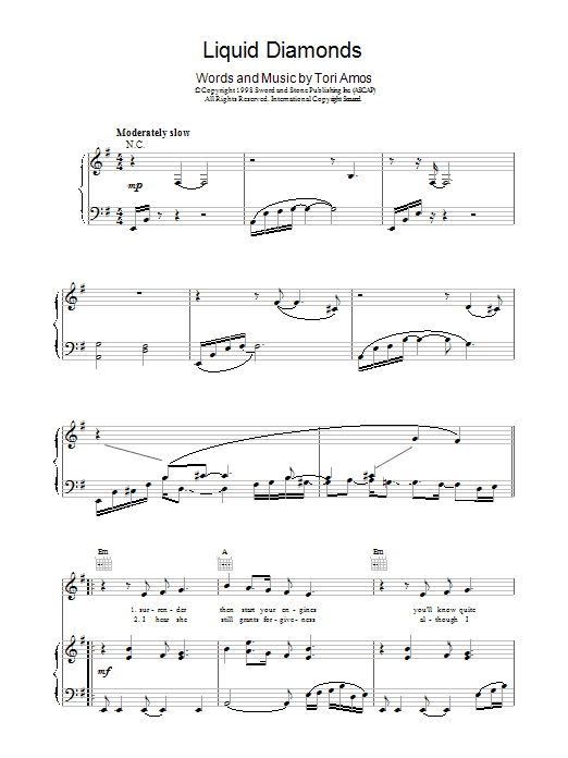 Tori Amos Liquid Diamonds sheet music preview music notes and score for Piano, Vocal & Guitar (Right-Hand Melody) including 7 page(s)