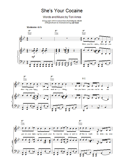 Tori Amos She's Your Cocaine sheet music preview music notes and score for Piano, Vocal & Guitar (Right-Hand Melody) including 6 page(s)