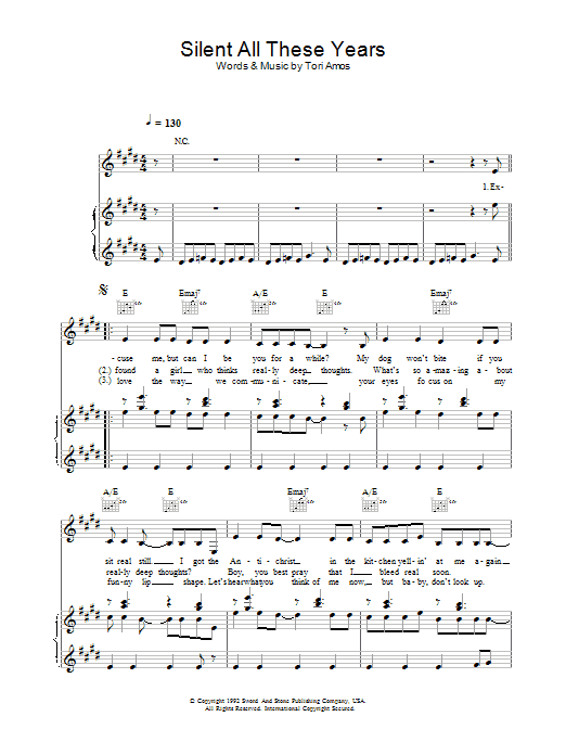 Learn to play Tori Amos Silent All These Years sheet music for Piano, Vocal & Guitar (Right-Hand Melody) in minutes. Tori Amos Silent All These Years sheet music preview music notes and score for Piano, Vocal & Guitar (Right-Hand Melody) including 6 page(s)