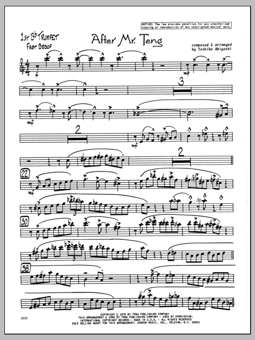 Learn to play Toshiko Akiyoshi After Mr. Teng - 1st Bb Trumpet sheet music for Jazz Ensemble in minutes. Toshiko Akiyoshi After Mr. Teng - 1st Bb Trumpet sheet music preview music notes and score for Jazz Ensemble including 2 page(s)