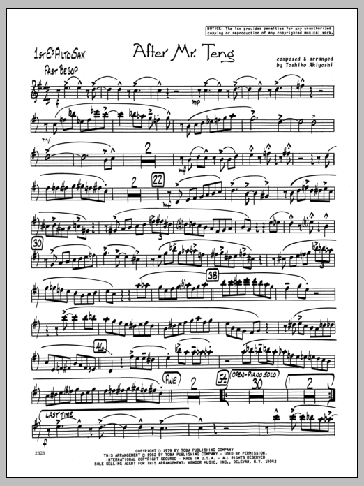 Learn to play Toshiko Akiyoshi After Mr. Teng - 1st Eb Alto Saxophone sheet music for Jazz Ensemble in minutes. Toshiko Akiyoshi After Mr. Teng - 1st Eb Alto Saxophone sheet music preview music notes and score for Jazz Ensemble including 2 page(s)