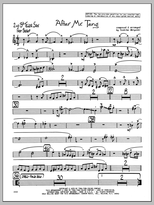 Learn to play Toshiko Akiyoshi After Mr. Teng - 2nd Bb Tenor Saxophone sheet music for Jazz Ensemble in minutes. Toshiko Akiyoshi After Mr. Teng - 2nd Bb Tenor Saxophone sheet music preview music notes and score for Jazz Ensemble including 4 page(s)