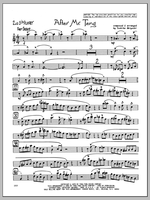 Learn to play Toshiko Akiyoshi After Mr. Teng - 2nd Bb Trumpet sheet music for Jazz Ensemble in minutes. Toshiko Akiyoshi After Mr. Teng - 2nd Bb Trumpet sheet music preview music notes and score for Jazz Ensemble including 2 page(s)