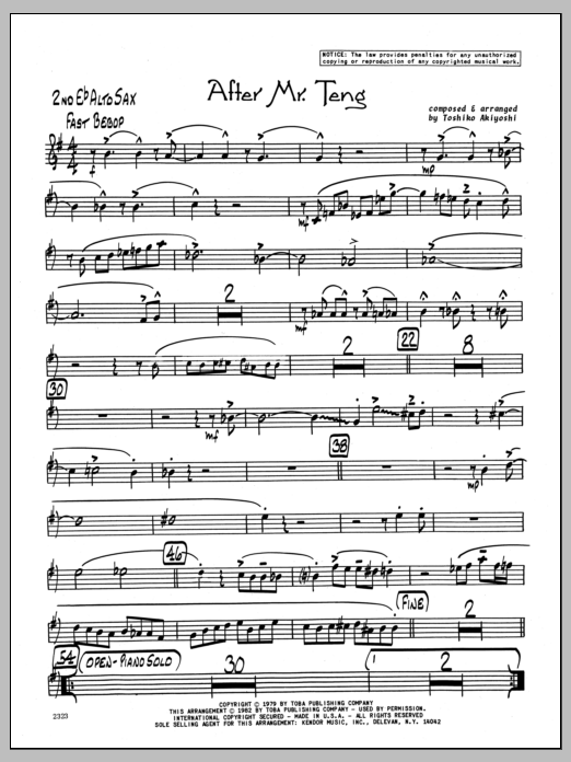 Learn to play Toshiko Akiyoshi After Mr. Teng - 2nd Eb Alto Saxophone sheet music for Jazz Ensemble in minutes. Toshiko Akiyoshi After Mr. Teng - 2nd Eb Alto Saxophone sheet music preview music notes and score for Jazz Ensemble including 2 page(s)