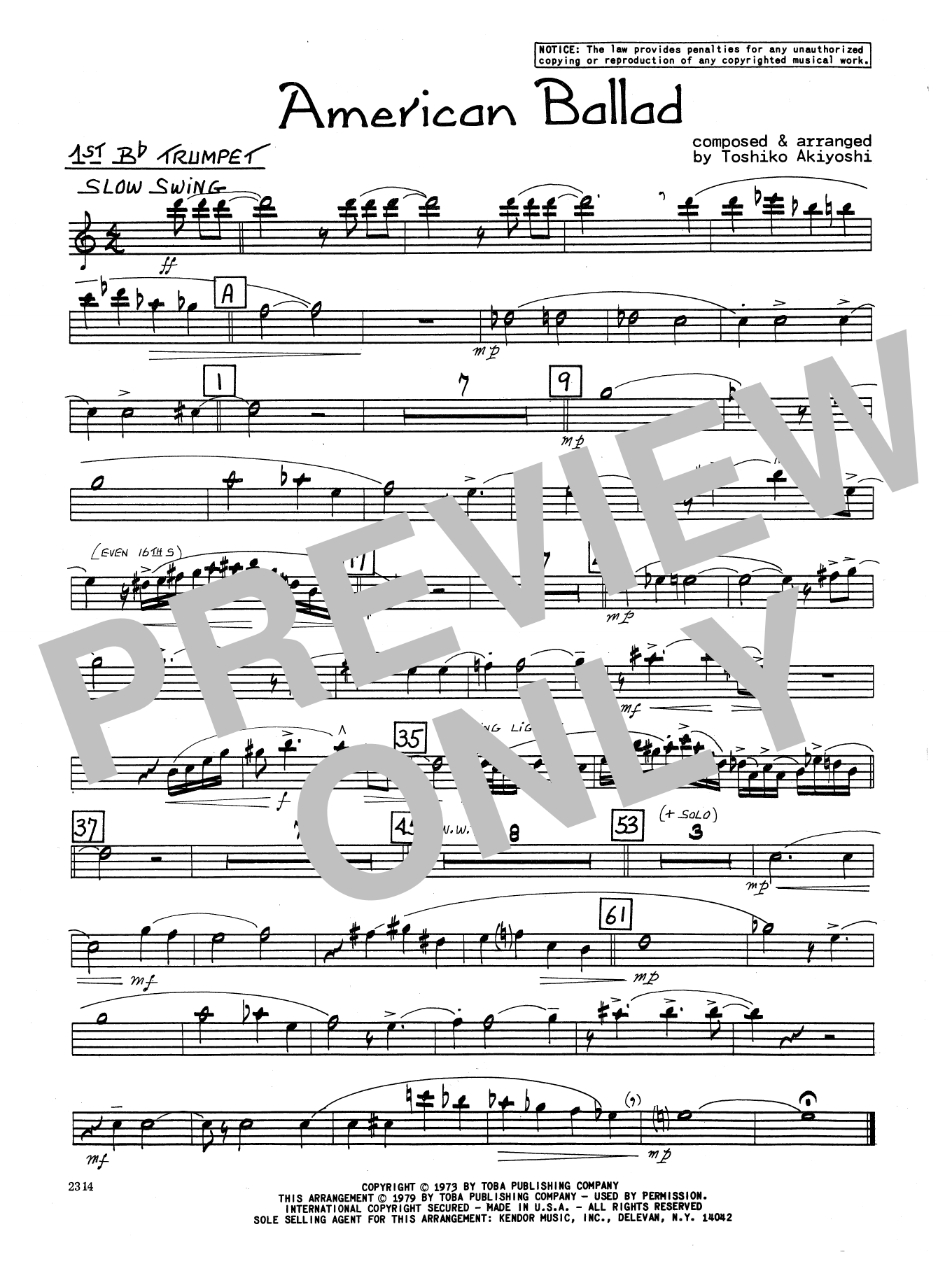 Toshiko Akiyoshi American Ballad - 1st Bb Trumpet sheet music preview music notes and score for Jazz Ensemble including 1 page(s)