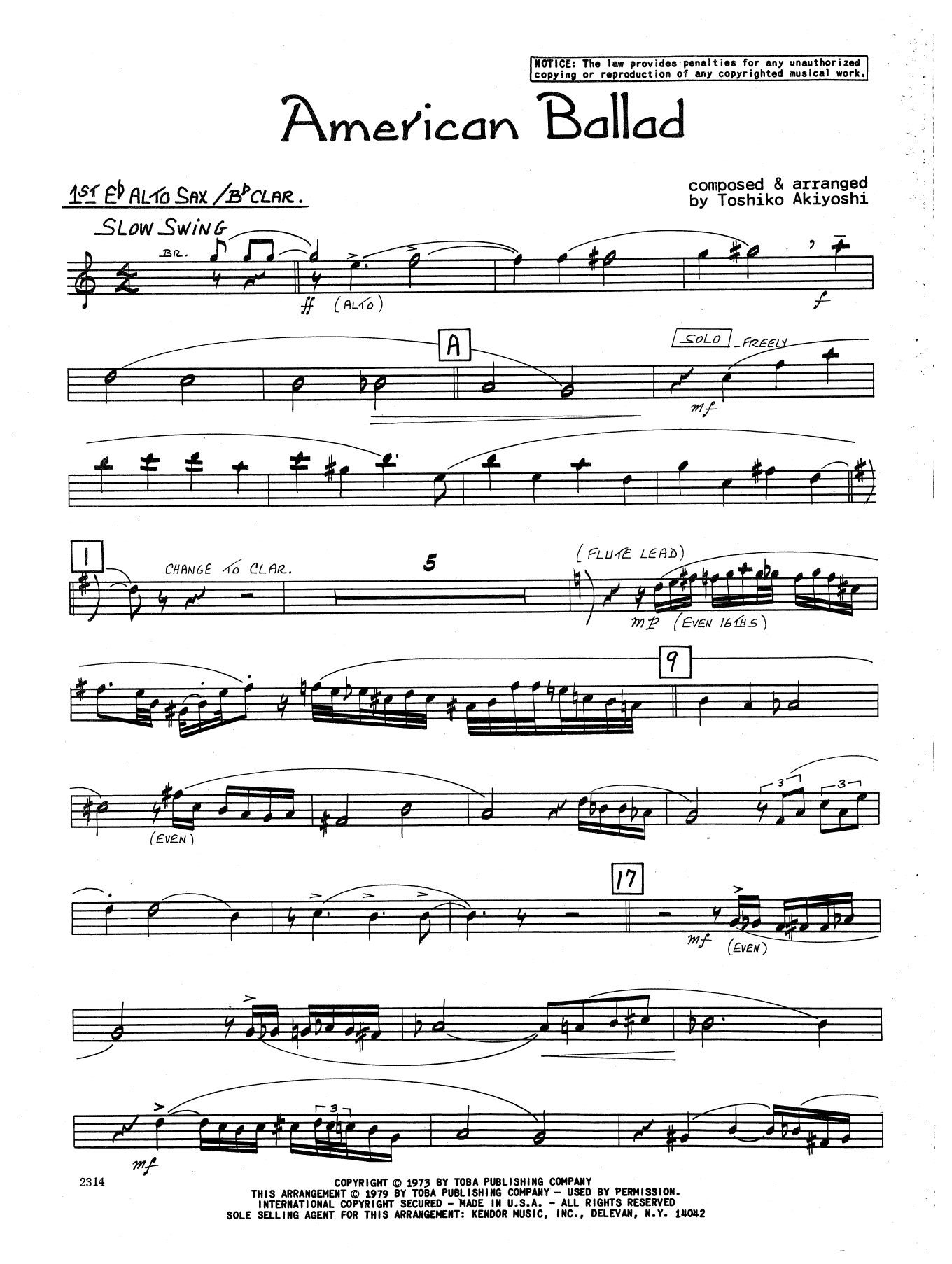 Learn to play Toshiko Akiyoshi American Ballad - 1st Eb Alto Saxophone sheet music for Jazz Ensemble in minutes. Toshiko Akiyoshi American Ballad - 1st Eb Alto Saxophone sheet music preview music notes and score for Jazz Ensemble including 2 page(s)
