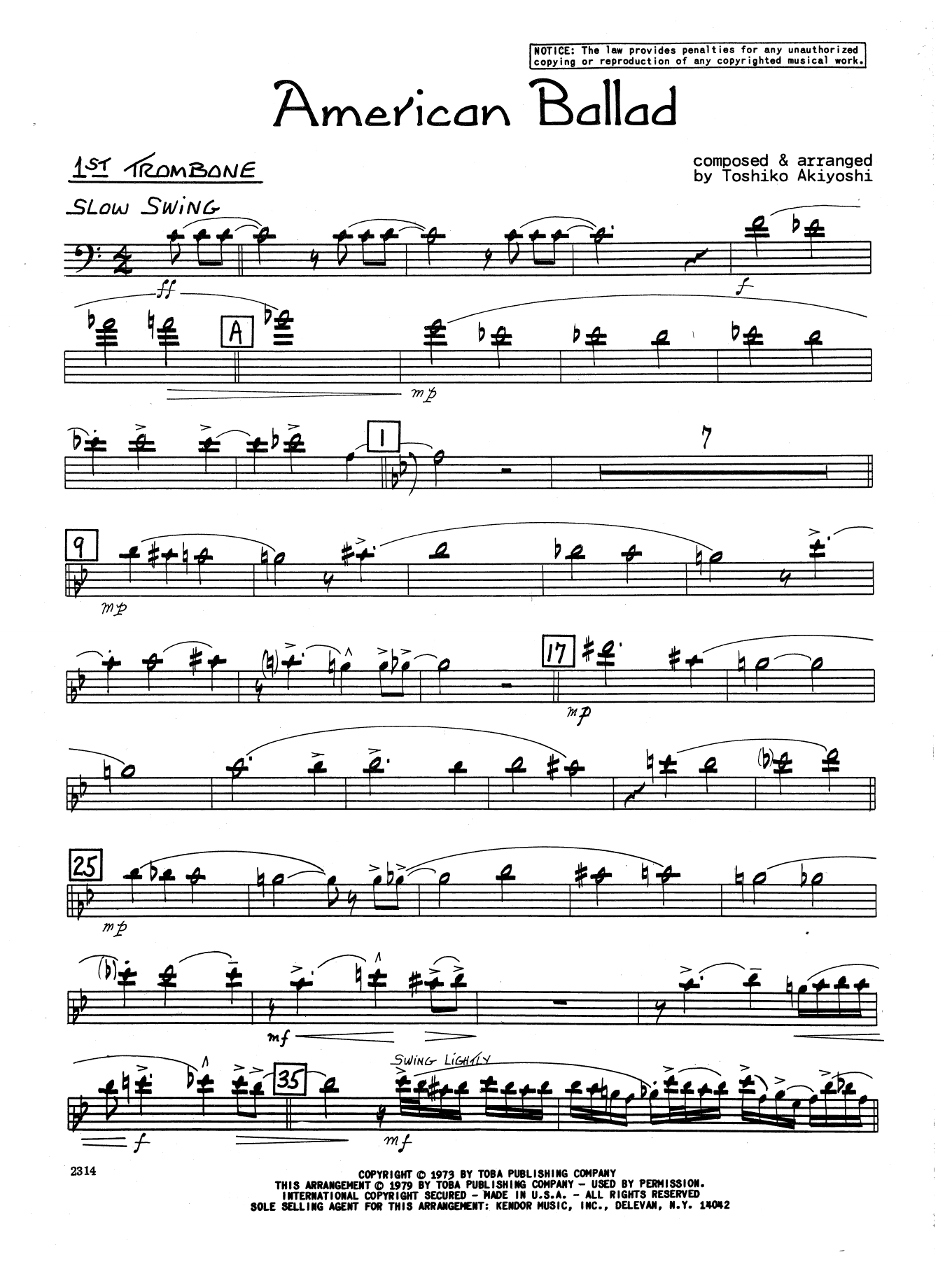 Toshiko Akiyoshi American Ballad - 1st Trombone sheet music preview music notes and score for Jazz Ensemble including 2 page(s)