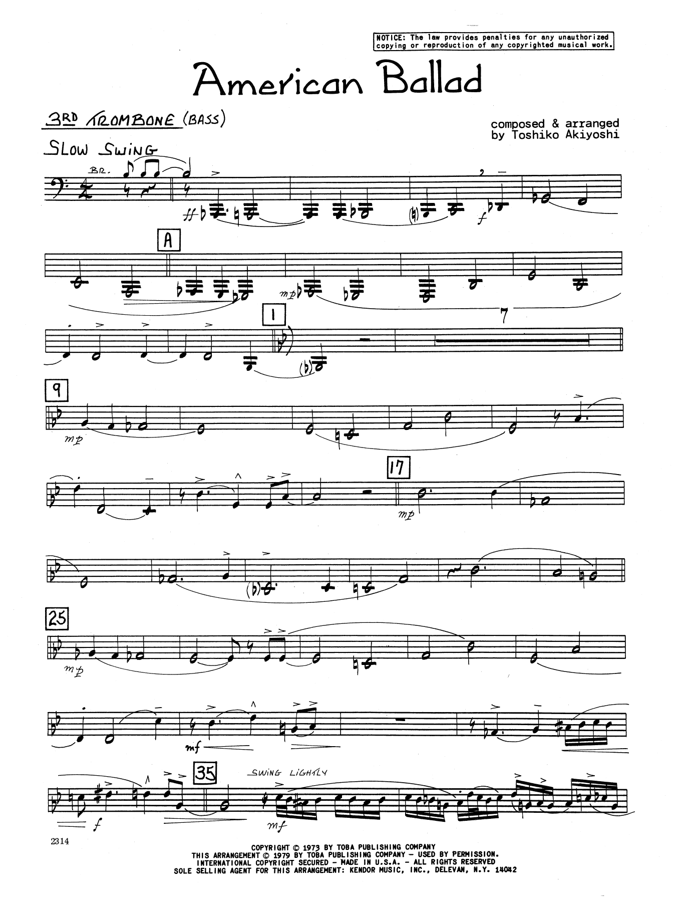 Toshiko Akiyoshi American Ballad - 3rd Trombone sheet music preview music notes and score for Jazz Ensemble including 2 page(s)