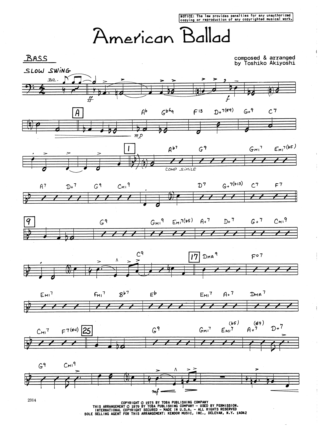 Learn to play Toshiko Akiyoshi American Ballad - Bass sheet music for Jazz Ensemble in minutes. Toshiko Akiyoshi American Ballad - Bass sheet music preview music notes and score for Jazz Ensemble including 2 page(s)