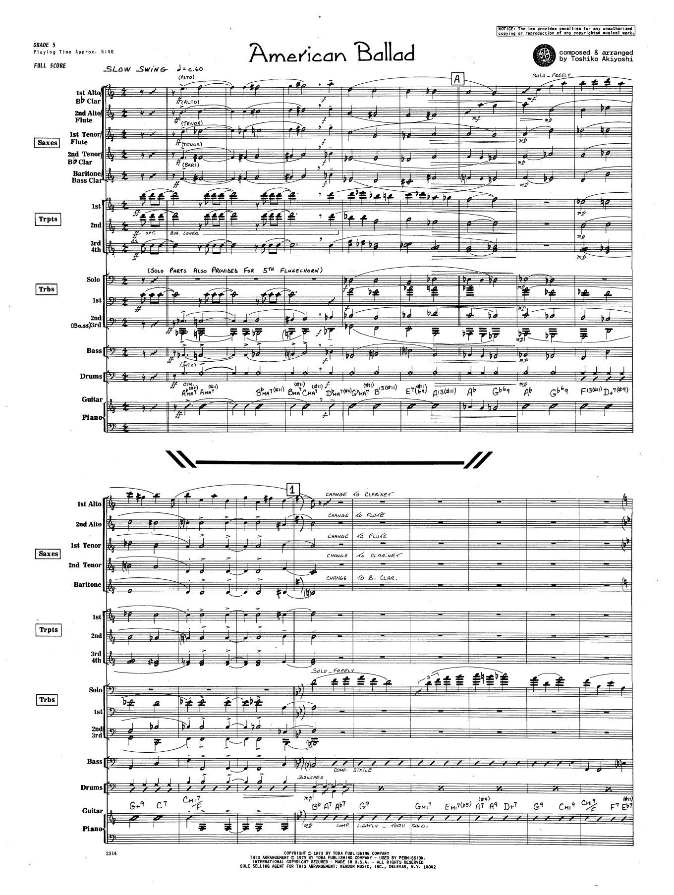 Toshiko Akiyoshi American Ballad - Full Score sheet music preview music notes and score for Jazz Ensemble including 7 page(s)