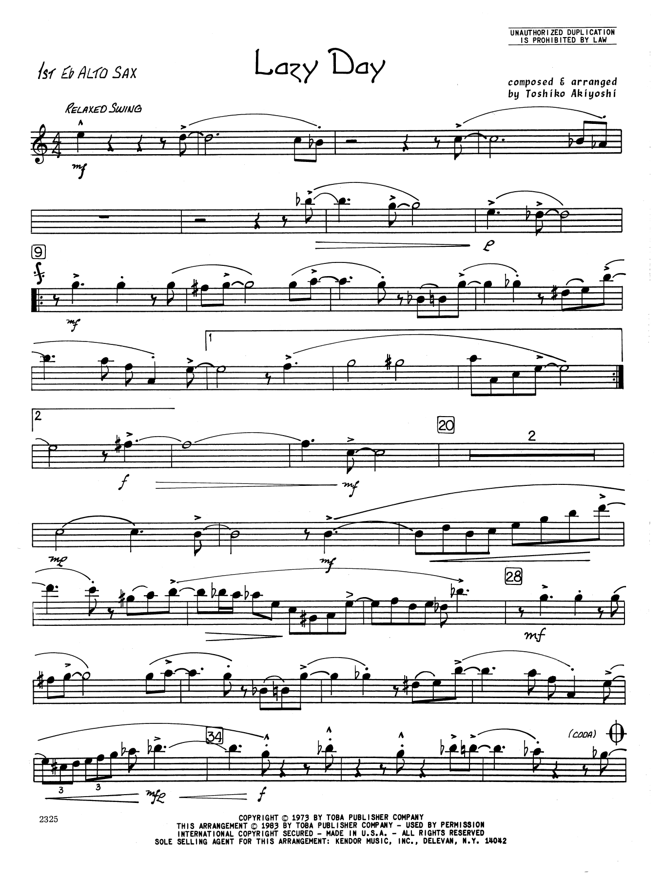 Learn to play Toshiko Akiyoshi Lazy Day - 1st Eb Alto Saxophone sheet music for Jazz Ensemble in minutes. Toshiko Akiyoshi Lazy Day - 1st Eb Alto Saxophone sheet music preview music notes and score for Jazz Ensemble including 2 page(s)