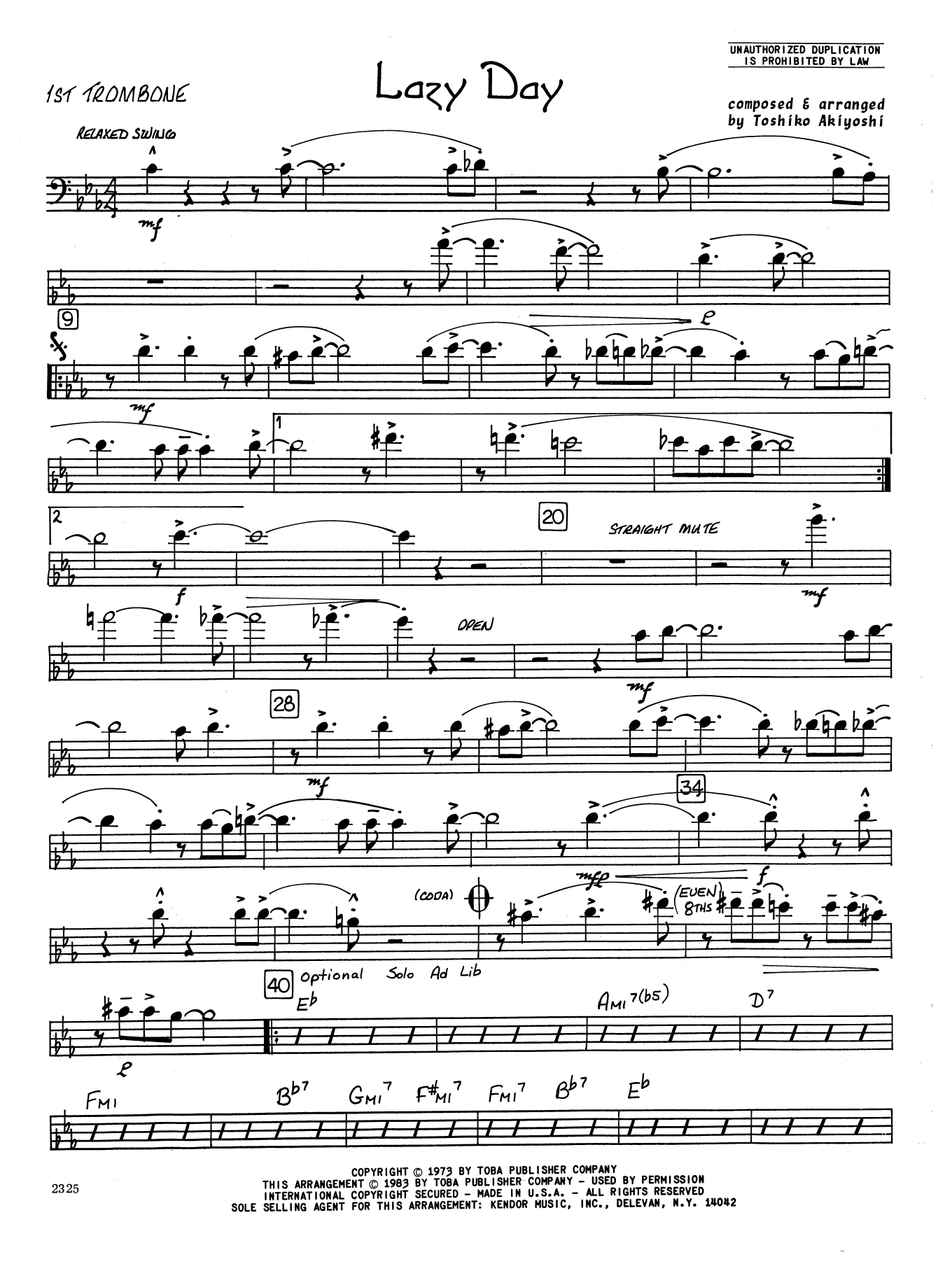 Learn to play Toshiko Akiyoshi Lazy Day - 1st Trombone sheet music for Jazz Ensemble in minutes. Toshiko Akiyoshi Lazy Day - 1st Trombone sheet music preview music notes and score for Jazz Ensemble including 2 page(s)