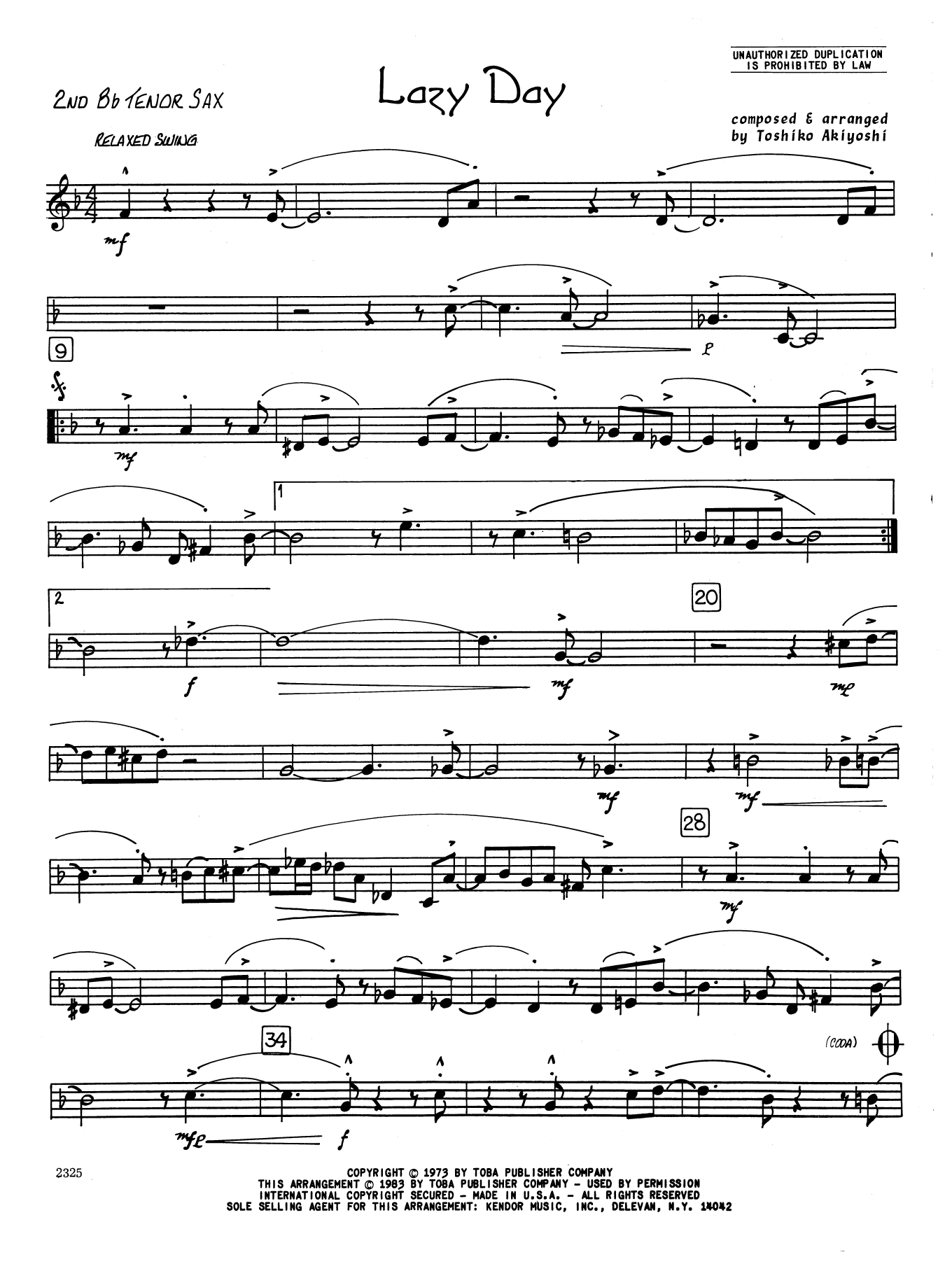 Learn to play Toshiko Akiyoshi Lazy Day - 2nd Bb Tenor Saxophone sheet music for Jazz Ensemble in minutes. Toshiko Akiyoshi Lazy Day - 2nd Bb Tenor Saxophone sheet music preview music notes and score for Jazz Ensemble including 2 page(s)