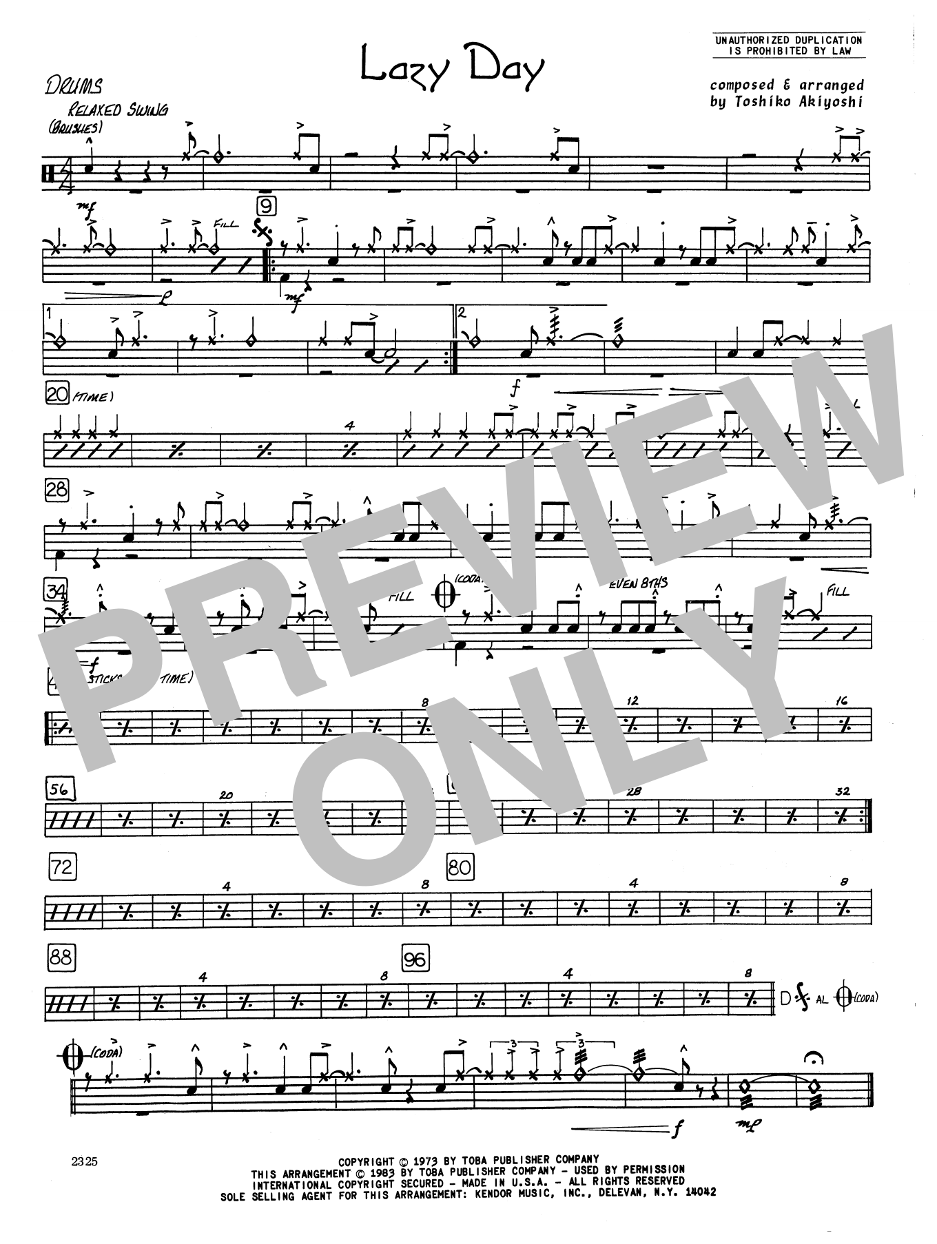 Toshiko Akiyoshi Lazy Day - Drum Set sheet music preview music notes and score for Jazz Ensemble including 1 page(s)