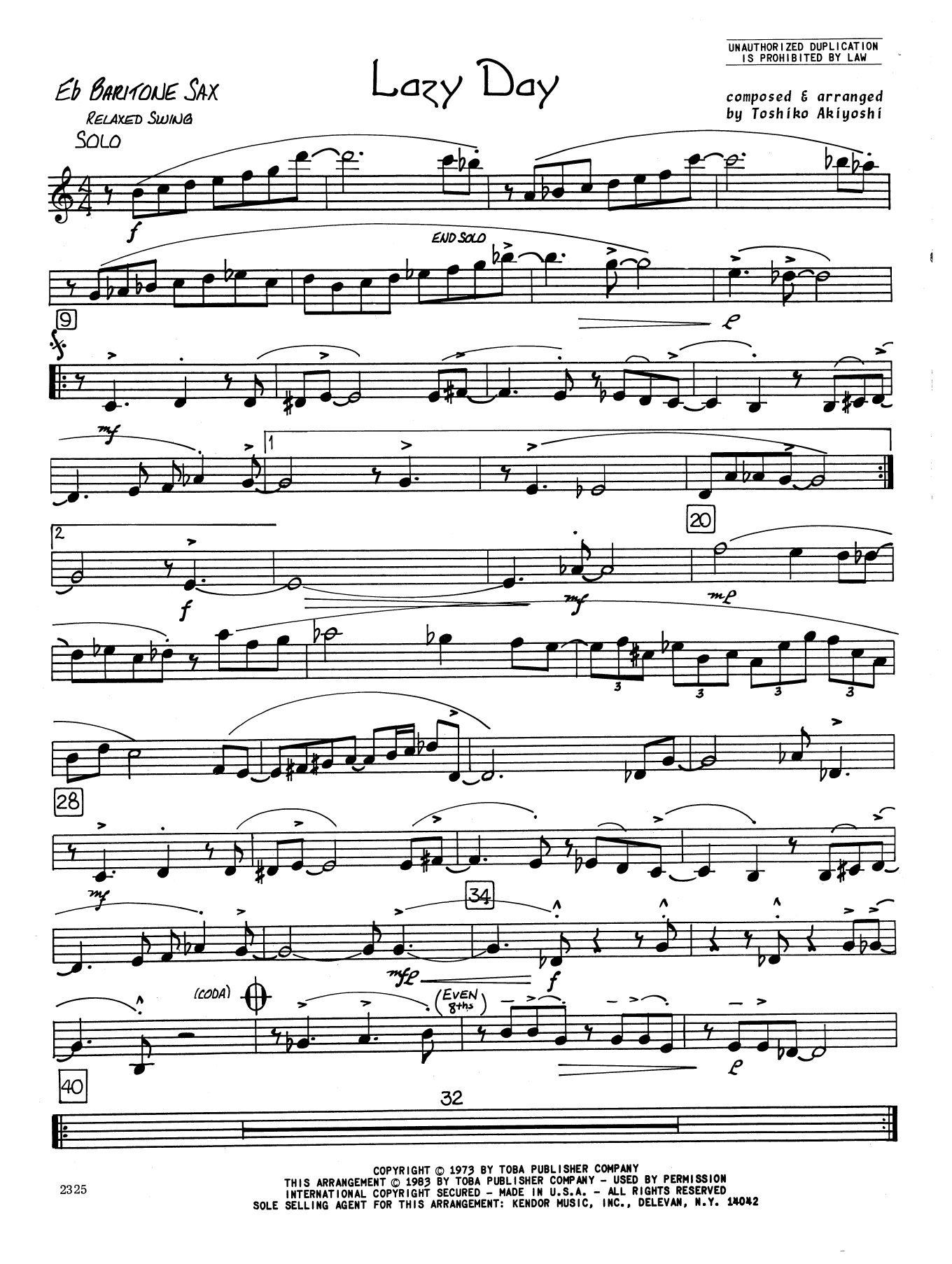 Toshiko Akiyoshi Lazy Day - Eb Baritone Saxophone sheet music preview music notes and score for Jazz Ensemble including 2 page(s)