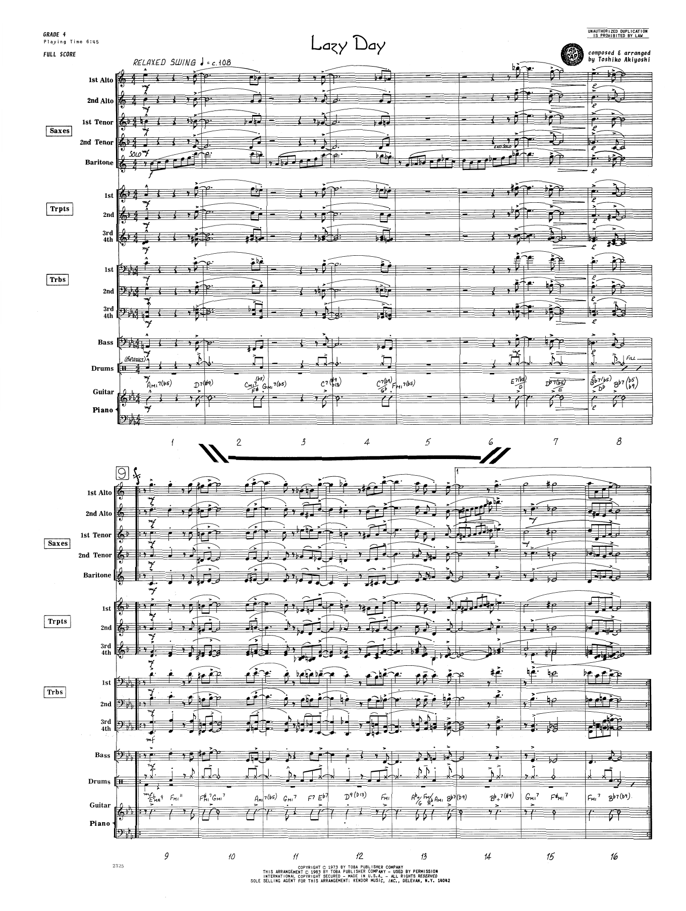 Learn to play Toshiko Akiyoshi Lazy Day - Full Score sheet music for Jazz Ensemble in minutes. Toshiko Akiyoshi Lazy Day - Full Score sheet music preview music notes and score for Jazz Ensemble including 9 page(s)