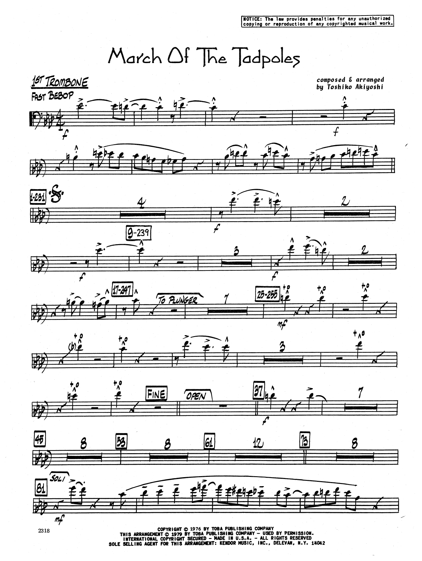 Learn to play Toshiko Akiyoshi March Of The Tadpoles - 1st Trombone sheet music for Jazz Ensemble in minutes. Toshiko Akiyoshi March Of The Tadpoles - 1st Trombone sheet music preview music notes and score for Jazz Ensemble including 3 page(s)