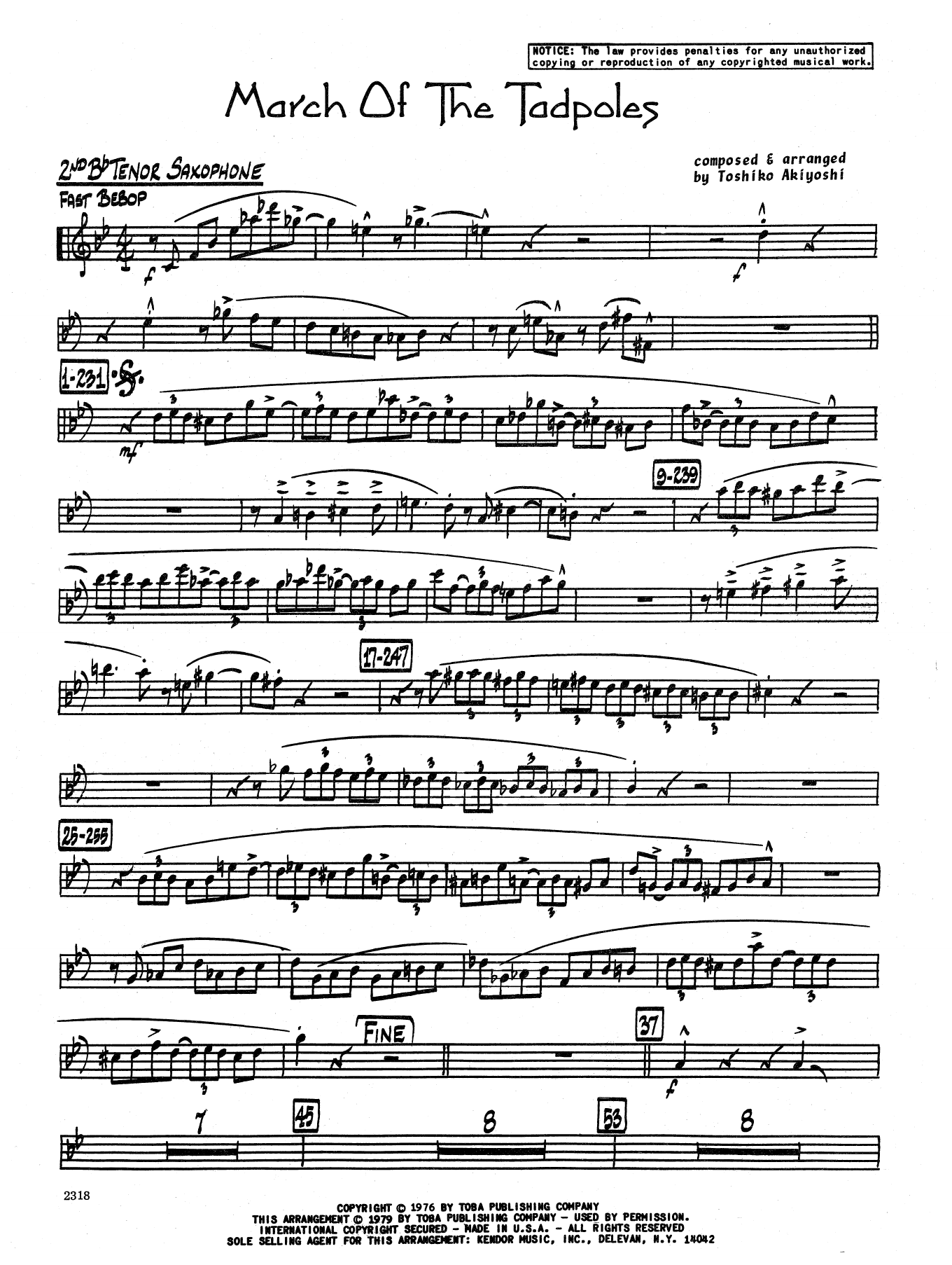 Learn to play Toshiko Akiyoshi March Of The Tadpoles - 2nd Bb Tenor Saxophone sheet music for Jazz Ensemble in minutes. Toshiko Akiyoshi March Of The Tadpoles - 2nd Bb Tenor Saxophone sheet music preview music notes and score for Jazz Ensemble including 3 page(s)