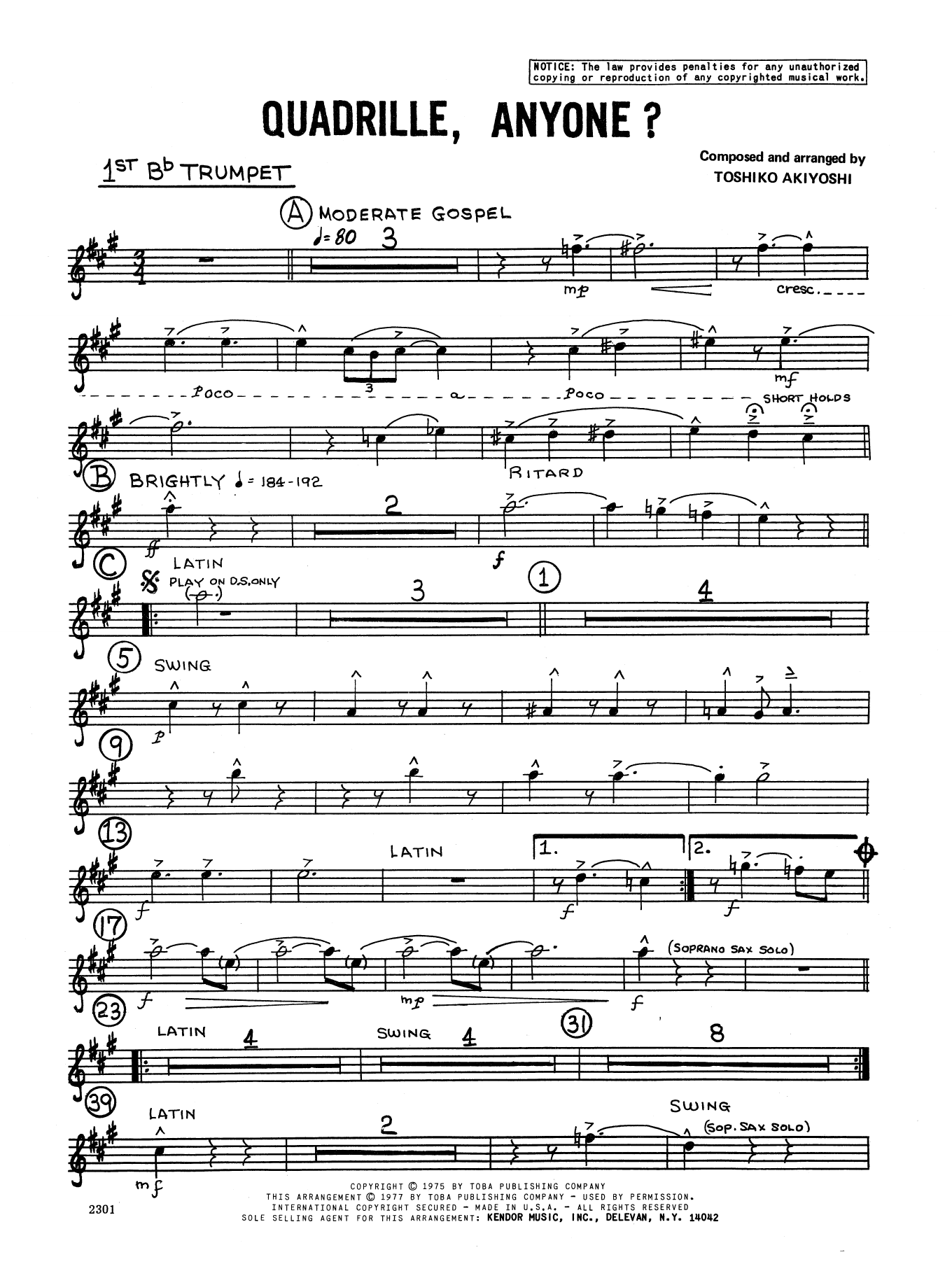 Learn to play Toshiko Akiyoshi Quadrille, Anyone? - 1st Bb Trumpet sheet music for Jazz Ensemble in minutes. Toshiko Akiyoshi Quadrille, Anyone? - 1st Bb Trumpet sheet music preview music notes and score for Jazz Ensemble including 2 page(s)