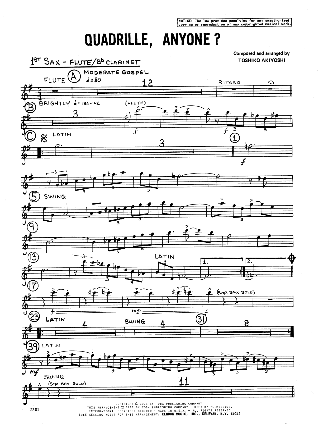 Learn to play Toshiko Akiyoshi Quadrille, Anyone? - 1st Eb Alto Saxophone sheet music for Jazz Ensemble in minutes. Toshiko Akiyoshi Quadrille, Anyone? - 1st Eb Alto Saxophone sheet music preview music notes and score for Jazz Ensemble including 2 page(s)