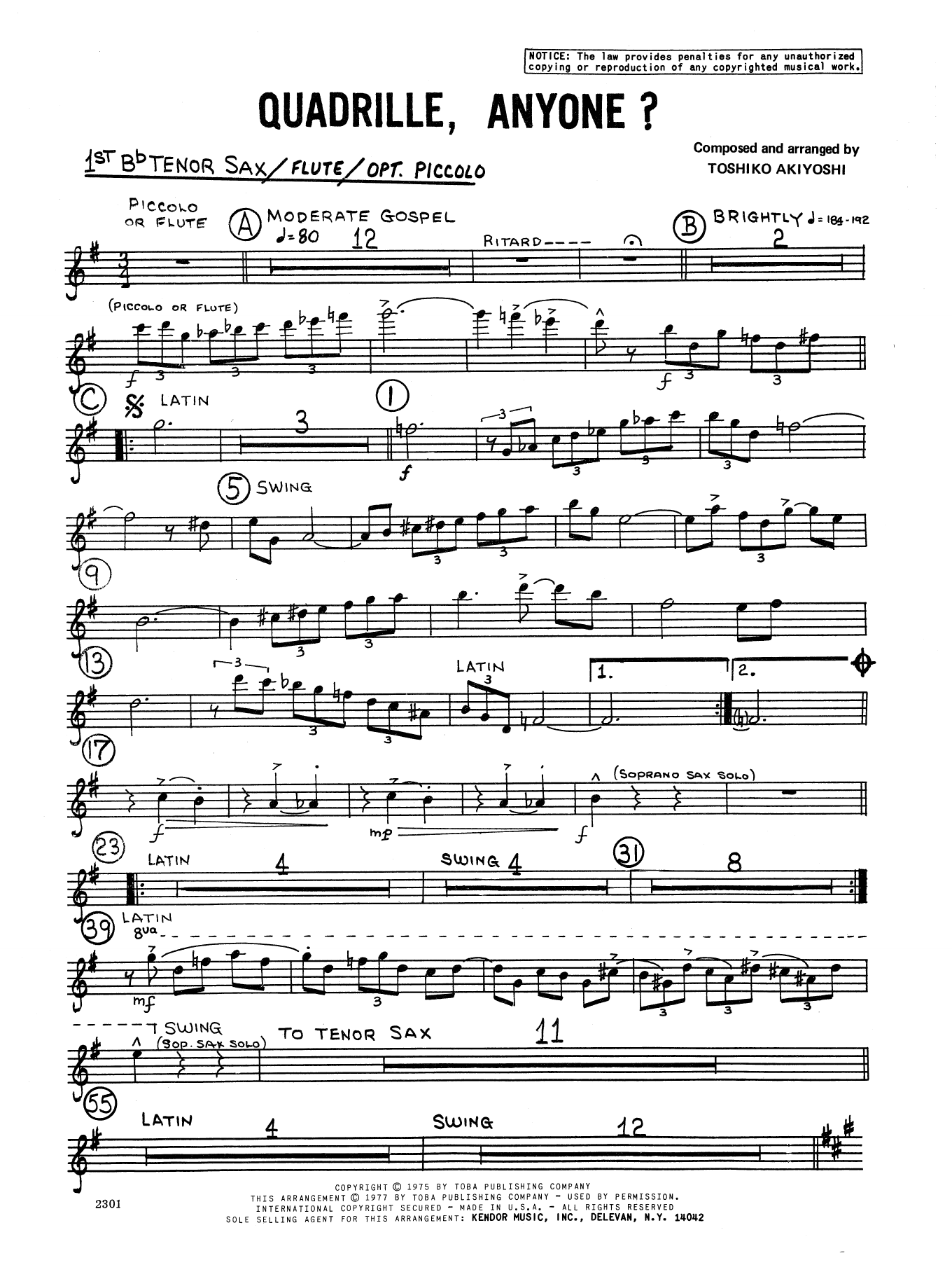 Learn to play Toshiko Akiyoshi Quadrille, Anyone? - 1st Tenor Saxophone sheet music for Jazz Ensemble in minutes. Toshiko Akiyoshi Quadrille, Anyone? - 1st Tenor Saxophone sheet music preview music notes and score for Jazz Ensemble including 2 page(s)