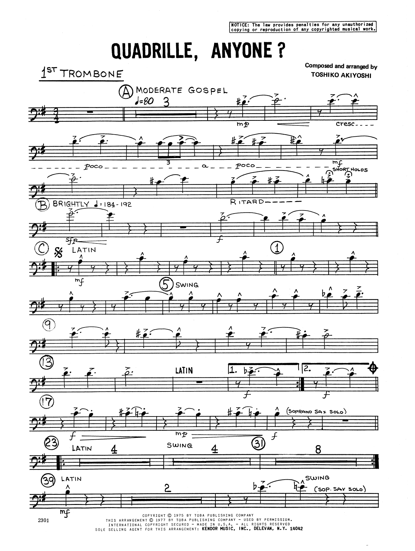 Learn to play Toshiko Akiyoshi Quadrille, Anyone? - 1st Trombone sheet music for Jazz Ensemble in minutes. Toshiko Akiyoshi Quadrille, Anyone? - 1st Trombone sheet music preview music notes and score for Jazz Ensemble including 2 page(s)