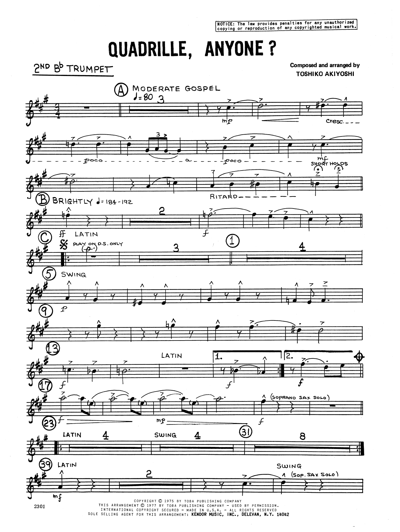 Toshiko Akiyoshi Quadrille, Anyone? - 2nd Bb Trumpet sheet music preview music notes and score for Jazz Ensemble including 2 page(s)