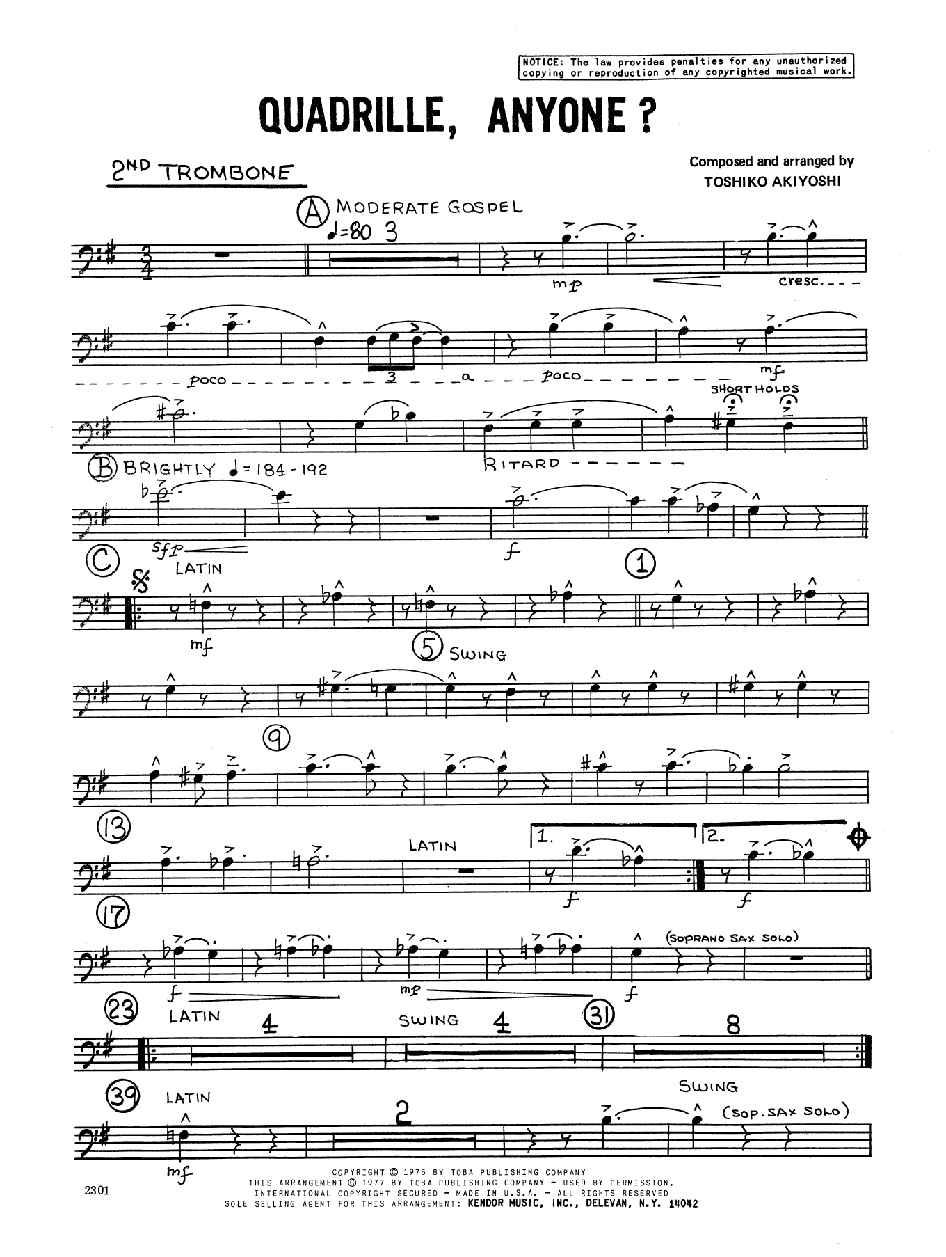 Learn to play Toshiko Akiyoshi Quadrille, Anyone? - 2nd Trombone sheet music for Jazz Ensemble in minutes. Toshiko Akiyoshi Quadrille, Anyone? - 2nd Trombone sheet music preview music notes and score for Jazz Ensemble including 2 page(s)