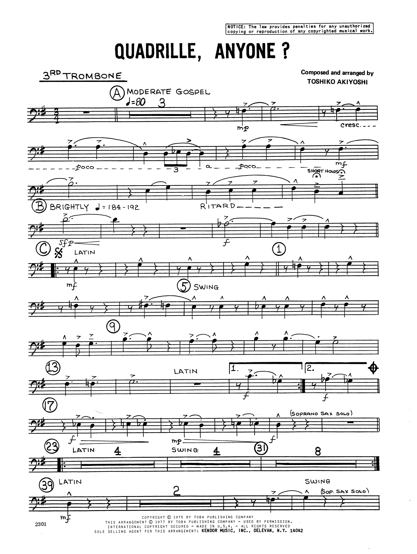 Toshiko Akiyoshi Quadrille, Anyone? - 3rd Trombone sheet music preview music notes and score for Jazz Ensemble including 2 page(s)