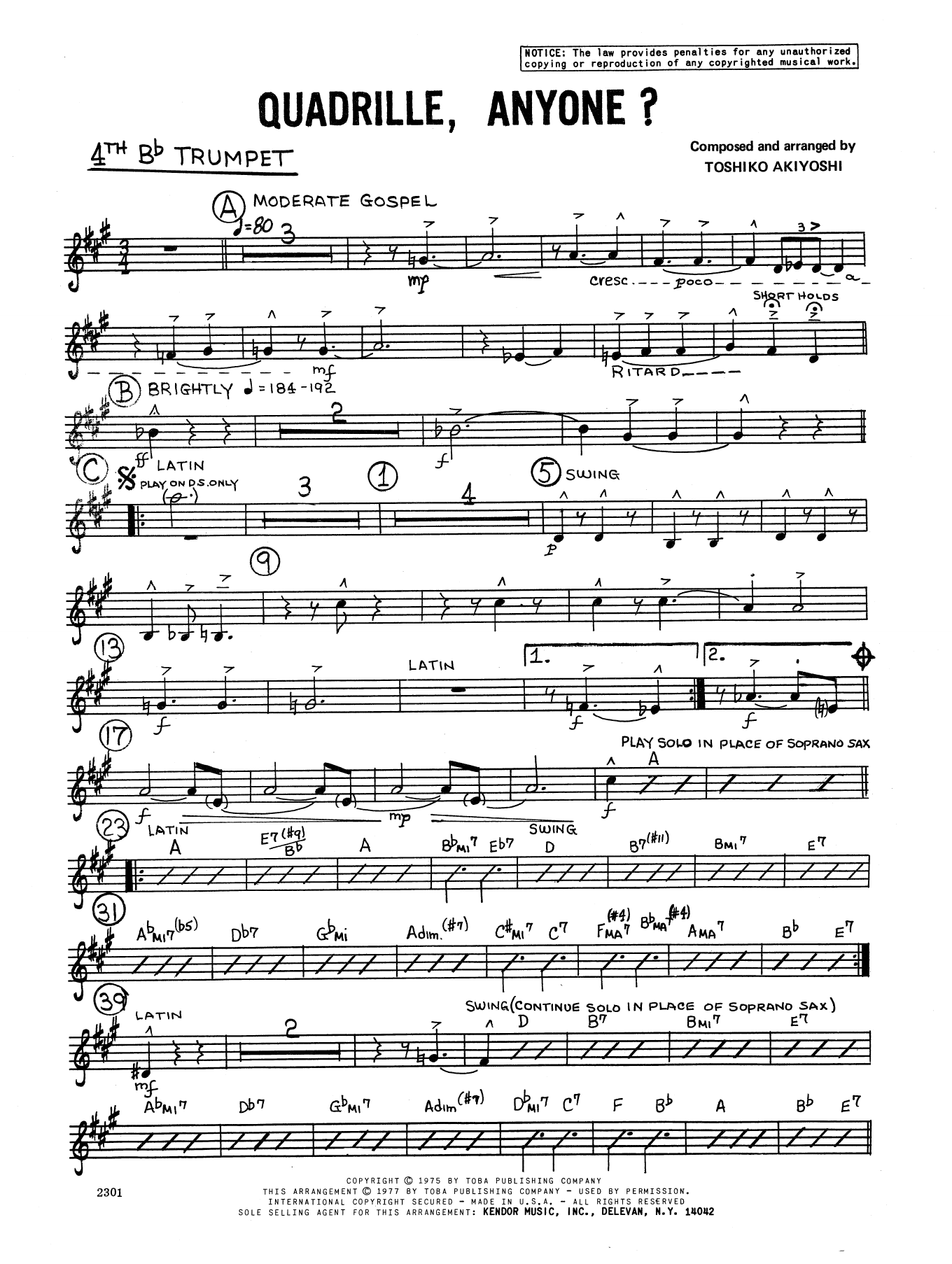 Learn to play Toshiko Akiyoshi Quadrille, Anyone? - 4th Bb Trumpet sheet music for Jazz Ensemble in minutes. Toshiko Akiyoshi Quadrille, Anyone? - 4th Bb Trumpet sheet music preview music notes and score for Jazz Ensemble including 2 page(s)