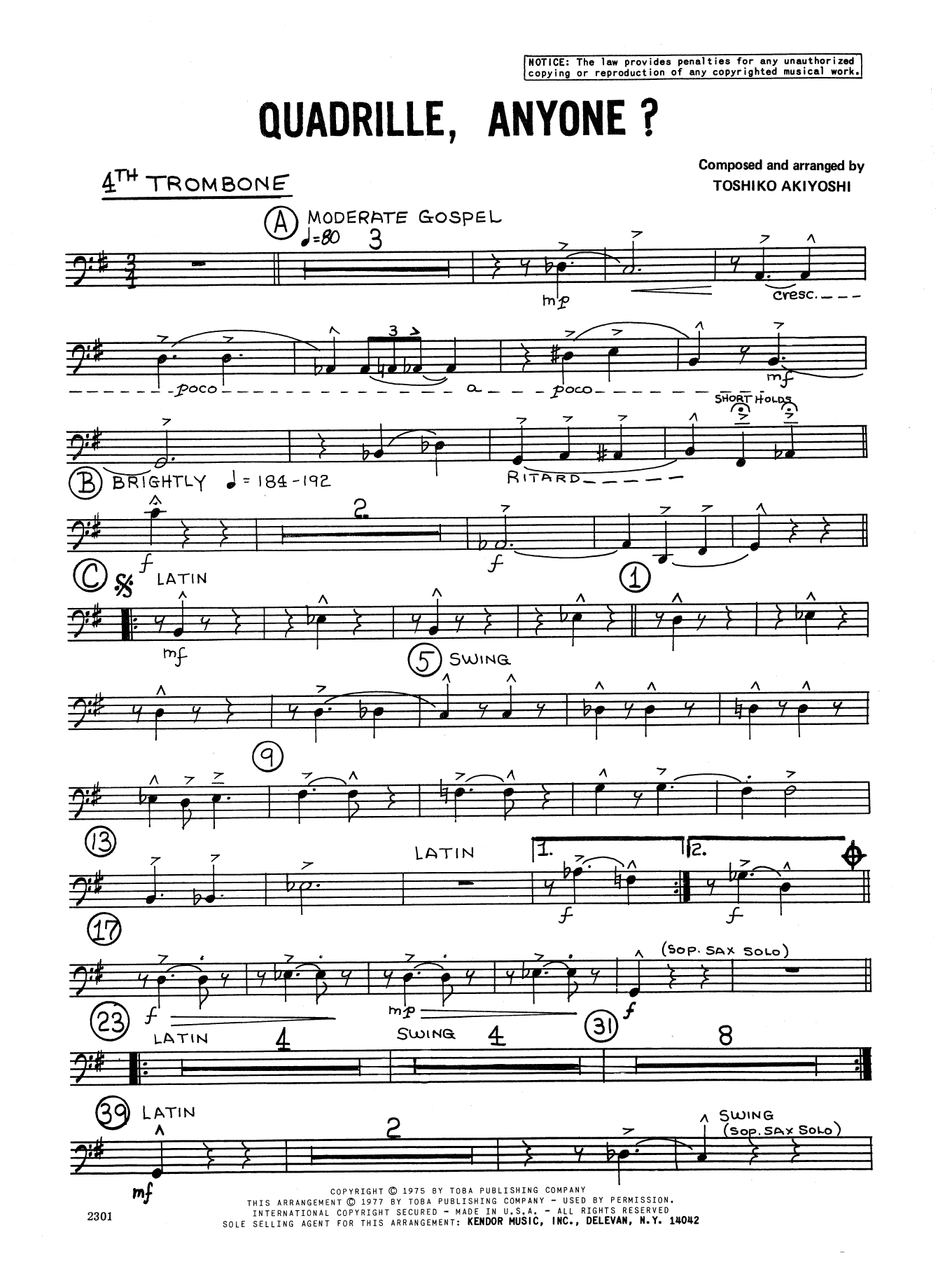 Toshiko Akiyoshi Quadrille, Anyone? - 4th Trombone sheet music preview music notes and score for Jazz Ensemble including 2 page(s)