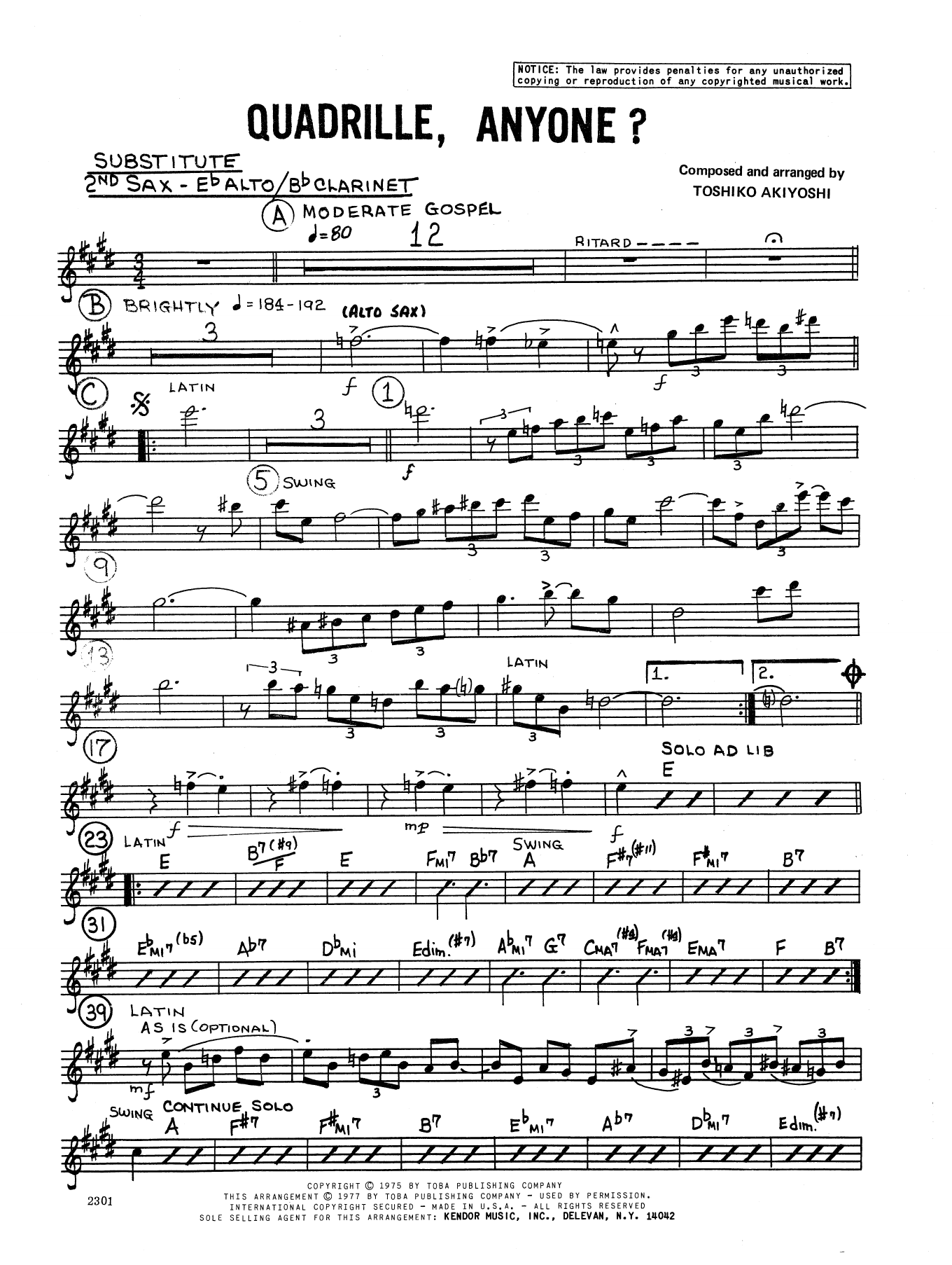 Toshiko Akiyoshi Quadrille, Anyone? - Alternate Bb Clarinet sheet music preview music notes and score for Jazz Ensemble including 2 page(s)