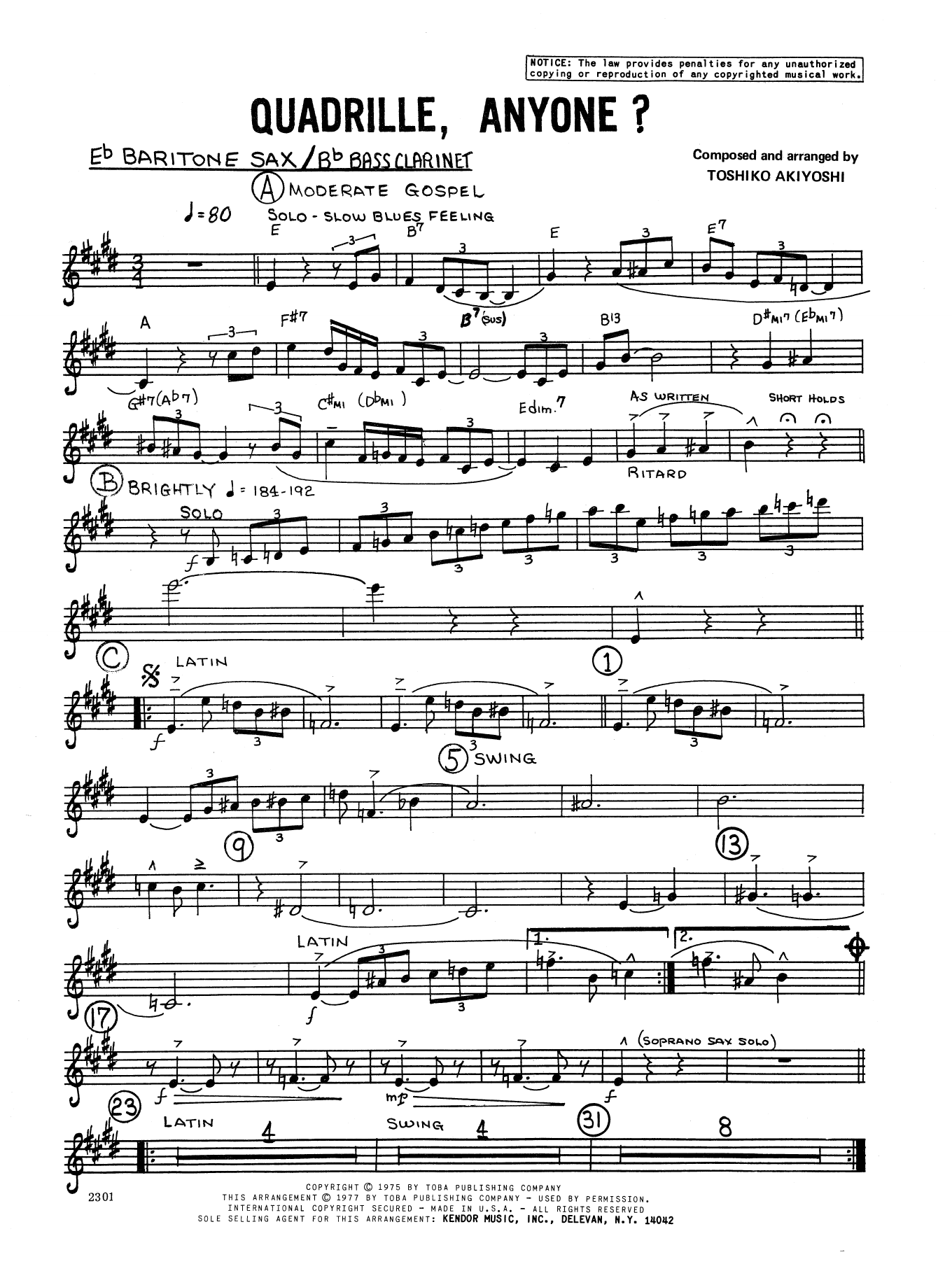 Toshiko Akiyoshi Quadrille, Anyone? - Eb Baritone Saxophone sheet music preview music notes and score for Jazz Ensemble including 2 page(s)