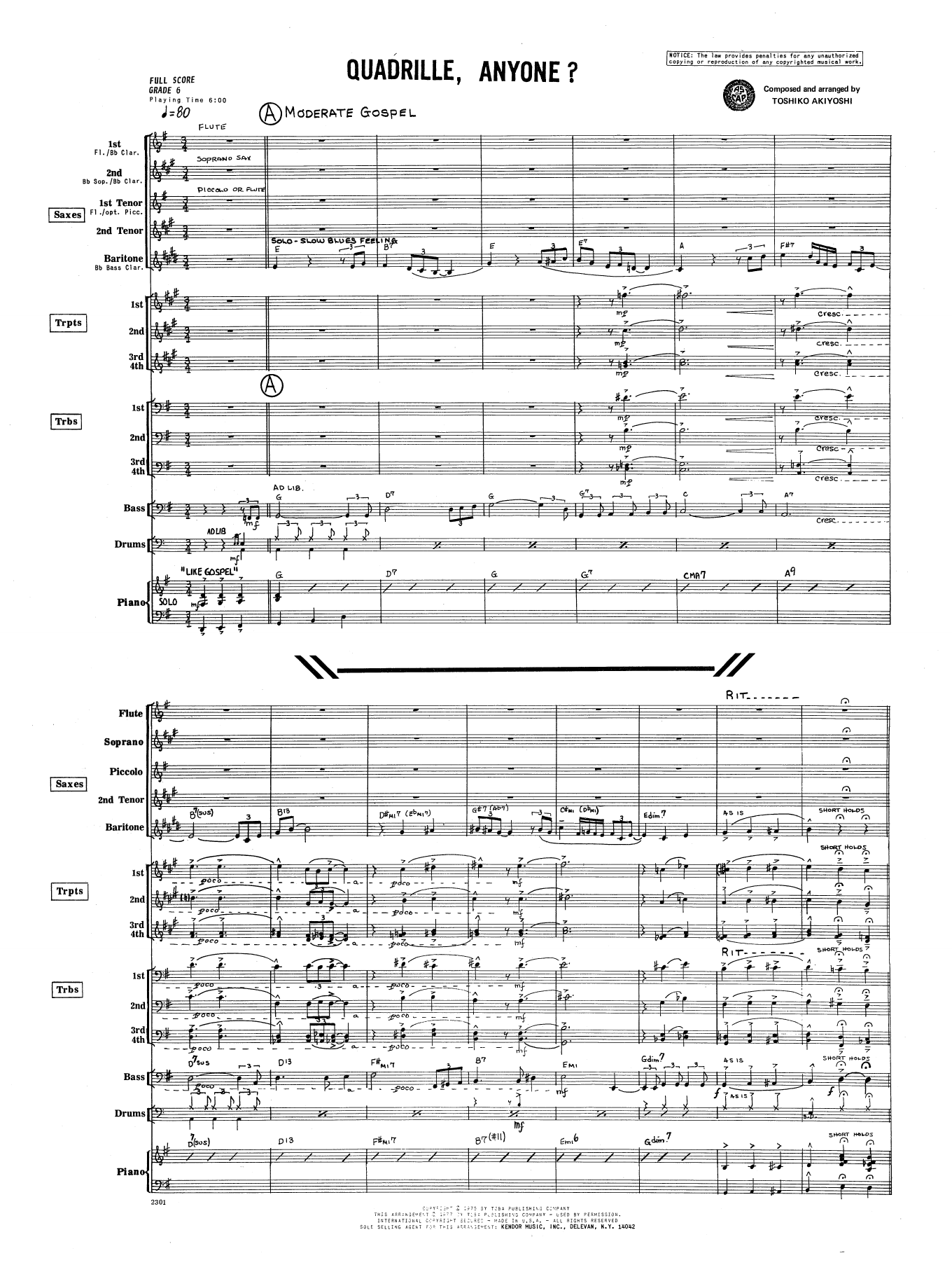 Toshiko Akiyoshi Quadrille, Anyone? - Full Score sheet music preview music notes and score for Jazz Ensemble including 12 page(s)