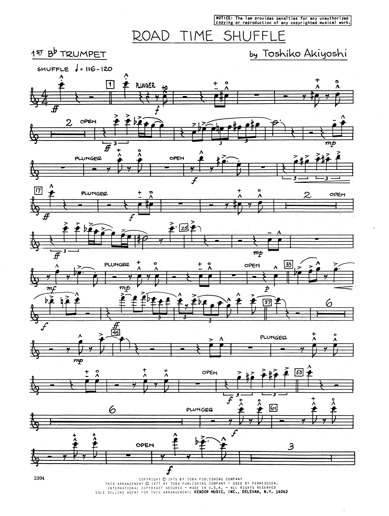 Learn to play Toshiko Akiyoshi Road Time Shuffle - 1st Bb Trumpet sheet music for Jazz Ensemble in minutes. Toshiko Akiyoshi Road Time Shuffle - 1st Bb Trumpet sheet music preview music notes and score for Jazz Ensemble including 3 page(s)