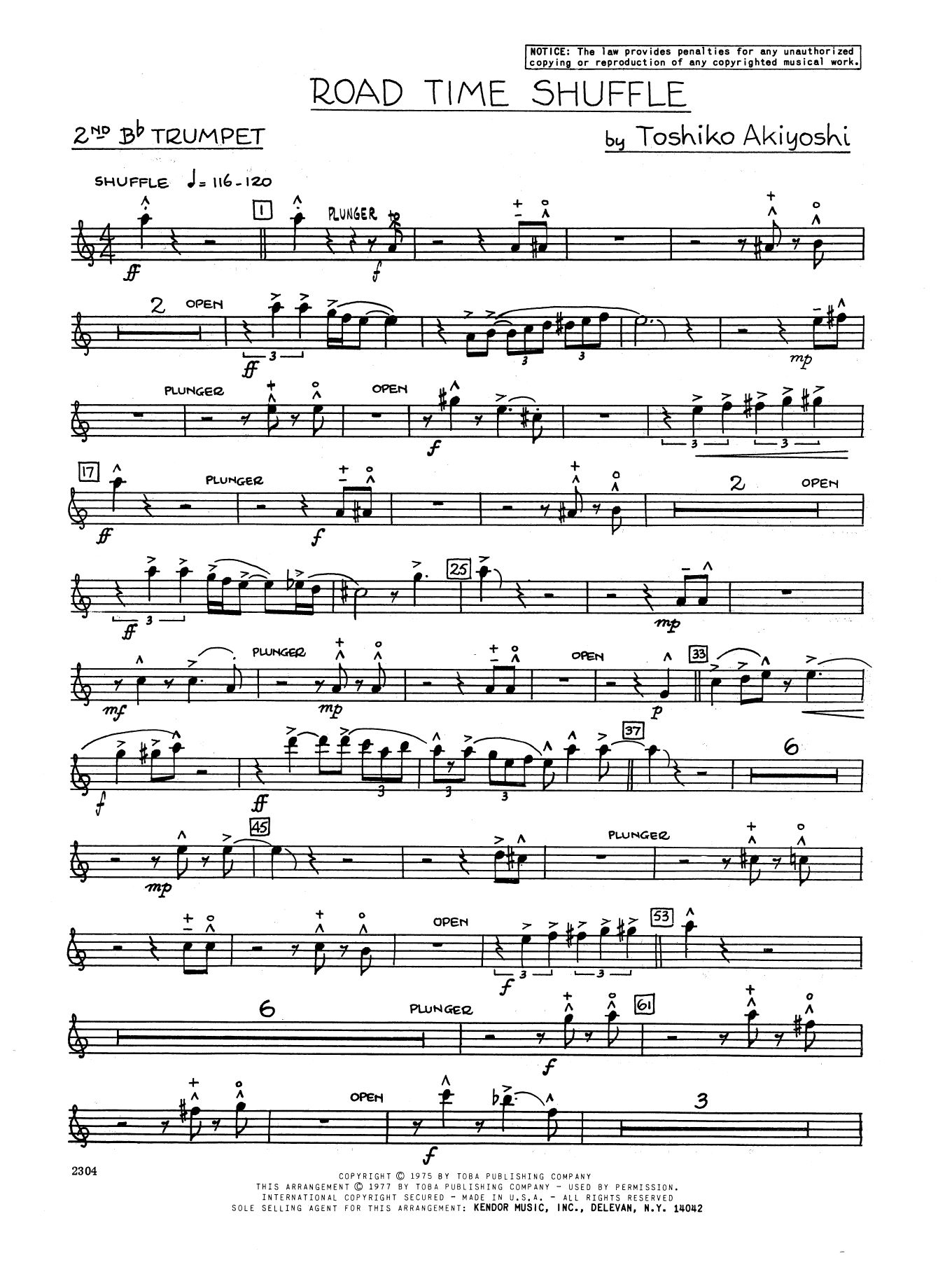 Learn to play Toshiko Akiyoshi Road Time Shuffle - 2nd Bb Trumpet sheet music for Jazz Ensemble in minutes. Toshiko Akiyoshi Road Time Shuffle - 2nd Bb Trumpet sheet music preview music notes and score for Jazz Ensemble including 3 page(s)