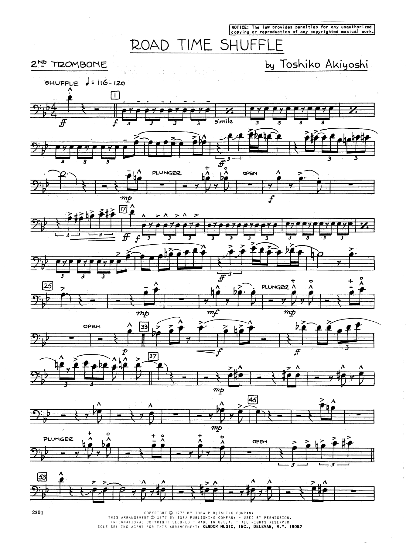 Learn to play Toshiko Akiyoshi Road Time Shuffle - 2nd Trombone sheet music for Jazz Ensemble in minutes. Toshiko Akiyoshi Road Time Shuffle - 2nd Trombone sheet music preview music notes and score for Jazz Ensemble including 4 page(s)