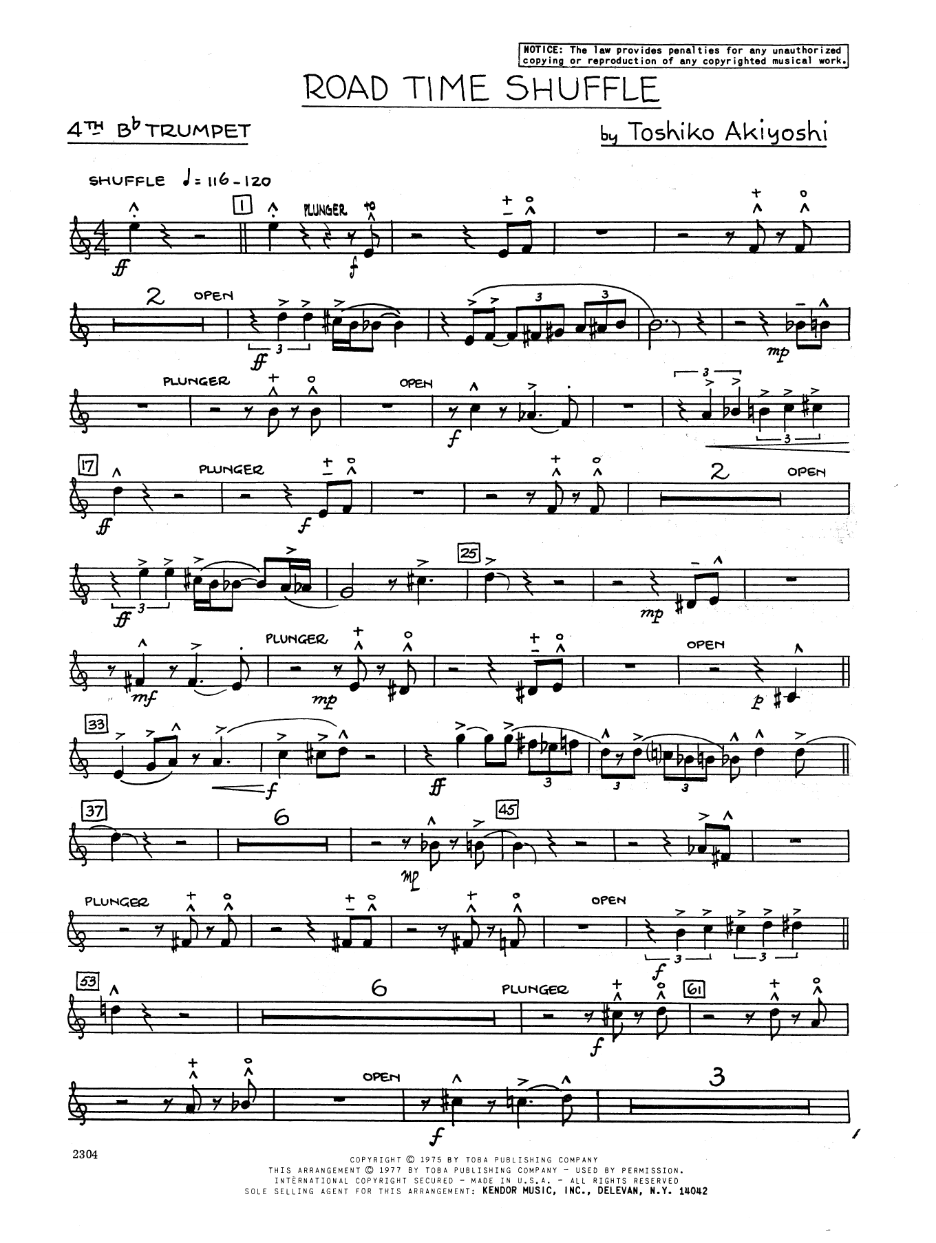 Learn to play Toshiko Akiyoshi Road Time Shuffle - 4th Bb Trumpet sheet music for Jazz Ensemble in minutes. Toshiko Akiyoshi Road Time Shuffle - 4th Bb Trumpet sheet music preview music notes and score for Jazz Ensemble including 3 page(s)