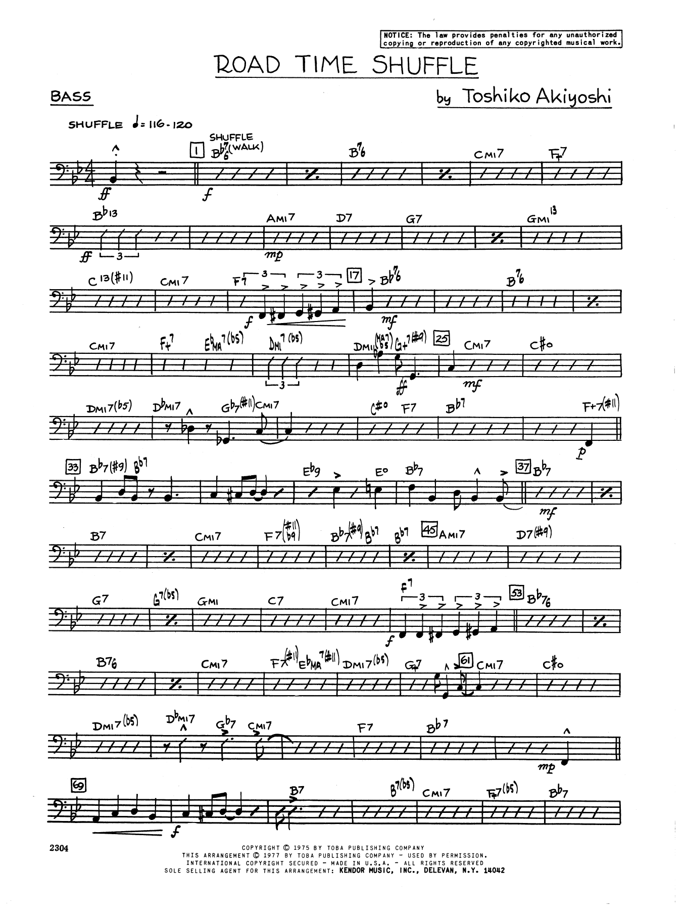 Learn to play Toshiko Akiyoshi Road Time Shuffle - Bass sheet music for Jazz Ensemble in minutes. Toshiko Akiyoshi Road Time Shuffle - Bass sheet music preview music notes and score for Jazz Ensemble including 2 page(s)