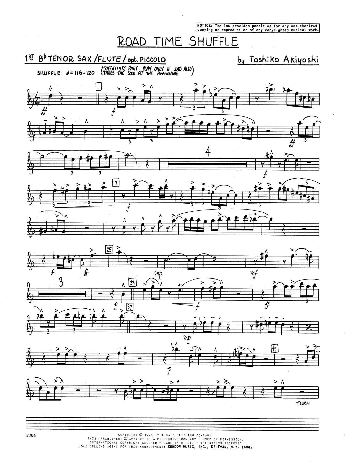 Learn to play Toshiko Akiyoshi Road Time Shuffle - Tenor Sax 1 (Alt.) sheet music for Jazz Ensemble in minutes. Toshiko Akiyoshi Road Time Shuffle - Tenor Sax 1 (Alt.) sheet music preview music notes and score for Jazz Ensemble including 4 page(s)
