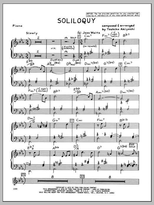 Learn to play Toshiko Akiyoshi Soliloquy - Piano sheet music for Jazz Ensemble in minutes. Toshiko Akiyoshi Soliloquy - Piano sheet music preview music notes and score for Jazz Ensemble including 4 page(s)