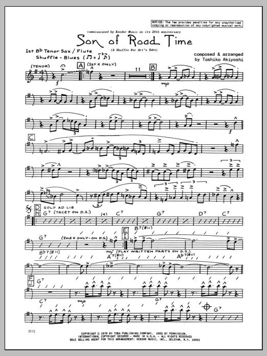 Learn to play Toshiko Akiyoshi Son Of Road Time - 1st Bb Tenor Saxophone sheet music for Jazz Ensemble in minutes. Toshiko Akiyoshi Son Of Road Time - 1st Bb Tenor Saxophone sheet music preview music notes and score for Jazz Ensemble including 3 page(s)