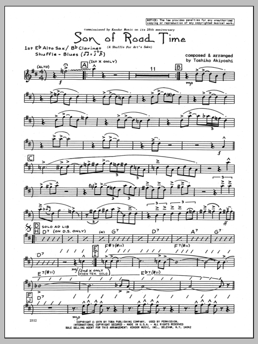 Learn to play Toshiko Akiyoshi Son Of Road Time - 1st Eb Alto Saxophone sheet music for Jazz Ensemble in minutes. Toshiko Akiyoshi Son Of Road Time - 1st Eb Alto Saxophone sheet music preview music notes and score for Jazz Ensemble including 3 page(s)