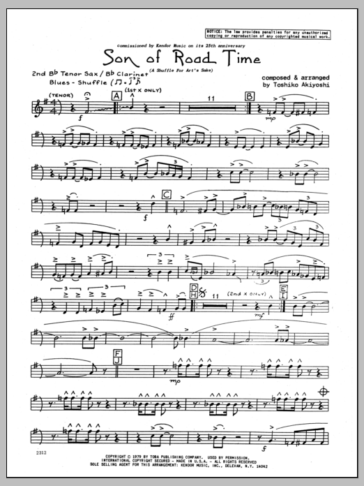 Learn to play Toshiko Akiyoshi Son Of Road Time - 2nd Bb Tenor Saxophone sheet music for Jazz Ensemble in minutes. Toshiko Akiyoshi Son Of Road Time - 2nd Bb Tenor Saxophone sheet music preview music notes and score for Jazz Ensemble including 3 page(s)