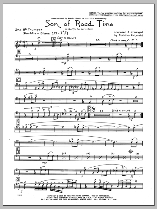 Learn to play Toshiko Akiyoshi Son Of Road Time - 2nd Bb Trumpet sheet music for Jazz Ensemble in minutes. Toshiko Akiyoshi Son Of Road Time - 2nd Bb Trumpet sheet music preview music notes and score for Jazz Ensemble including 3 page(s)