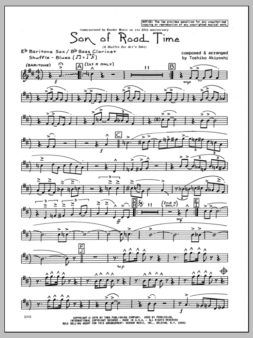 Learn to play Toshiko Akiyoshi Son Of Road Time - Eb Baritone Sax sheet music for Jazz Ensemble in minutes. Toshiko Akiyoshi Son Of Road Time - Eb Baritone Sax sheet music preview music notes and score for Jazz Ensemble including 3 page(s)