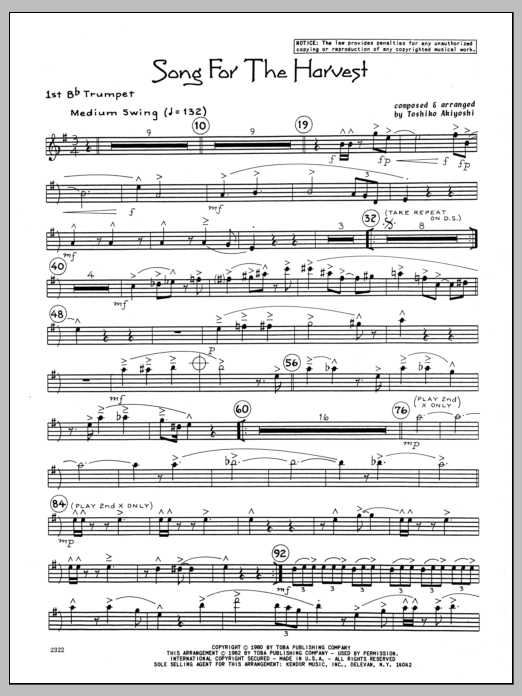 Learn to play Toshiko Akiyoshi Song For The Harvest - 1st Bb Trumpet sheet music for Jazz Ensemble in minutes. Toshiko Akiyoshi Song For The Harvest - 1st Bb Trumpet sheet music preview music notes and score for Jazz Ensemble including 2 page(s)